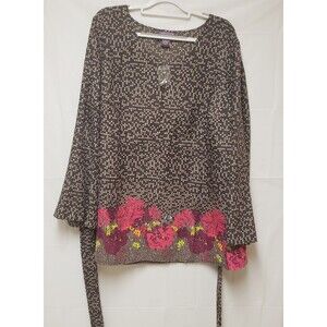 Summer Blouse  Taillissime Brown Flower Bottom Long Sleeve Tie Back  Sz 24W NWOT